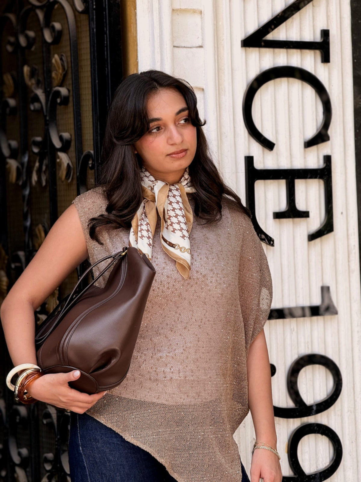 Asymmetric Metallic Beige Knit Top