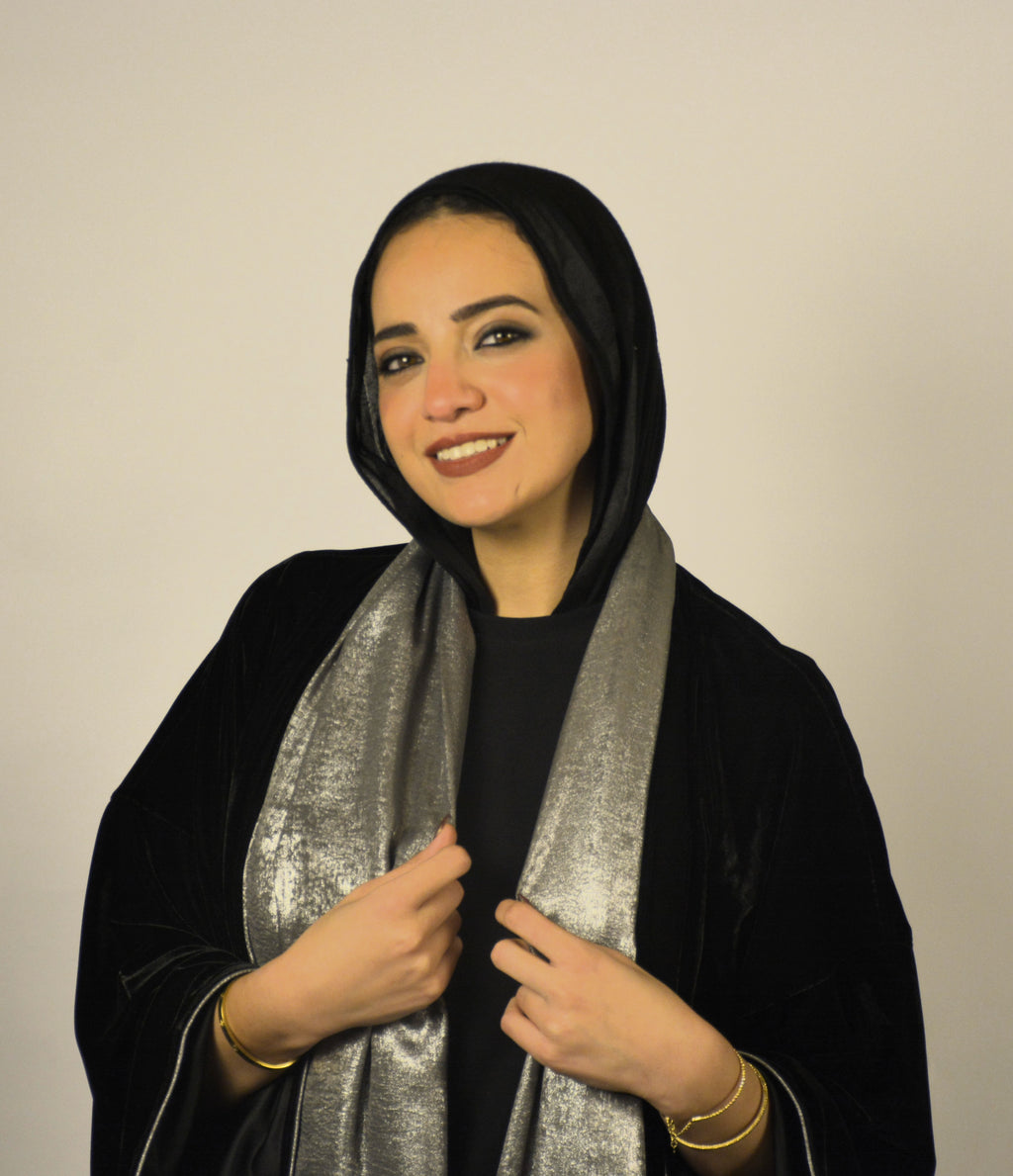 Velvet Black Kaftan w' Silver Shawl