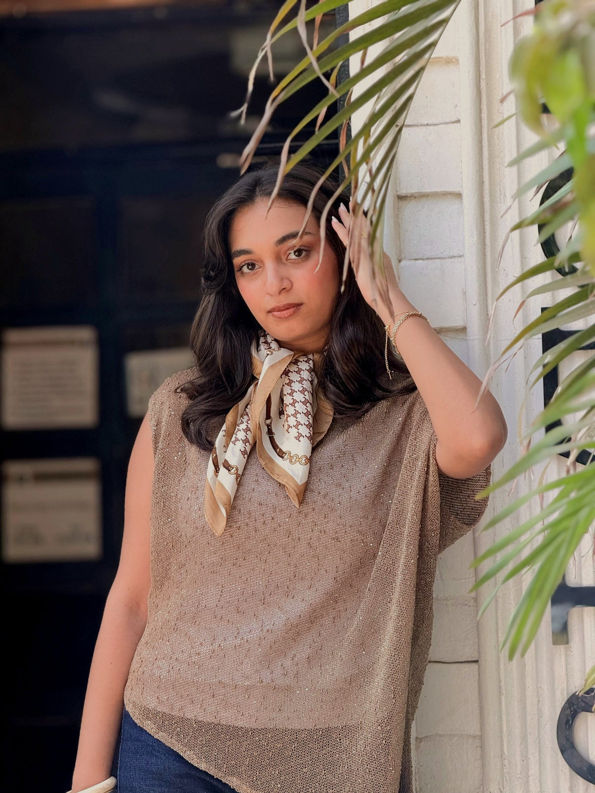 Asymmetric Metallic Beige Knit Top