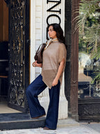 Asymmetric Metallic Beige Knit Top
