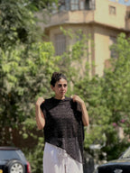 Asymmetric Metallic Black Knit Top
