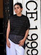 Asymmetric Metallic Black Knit Top