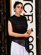Asymmetric Metallic Black Knit Top