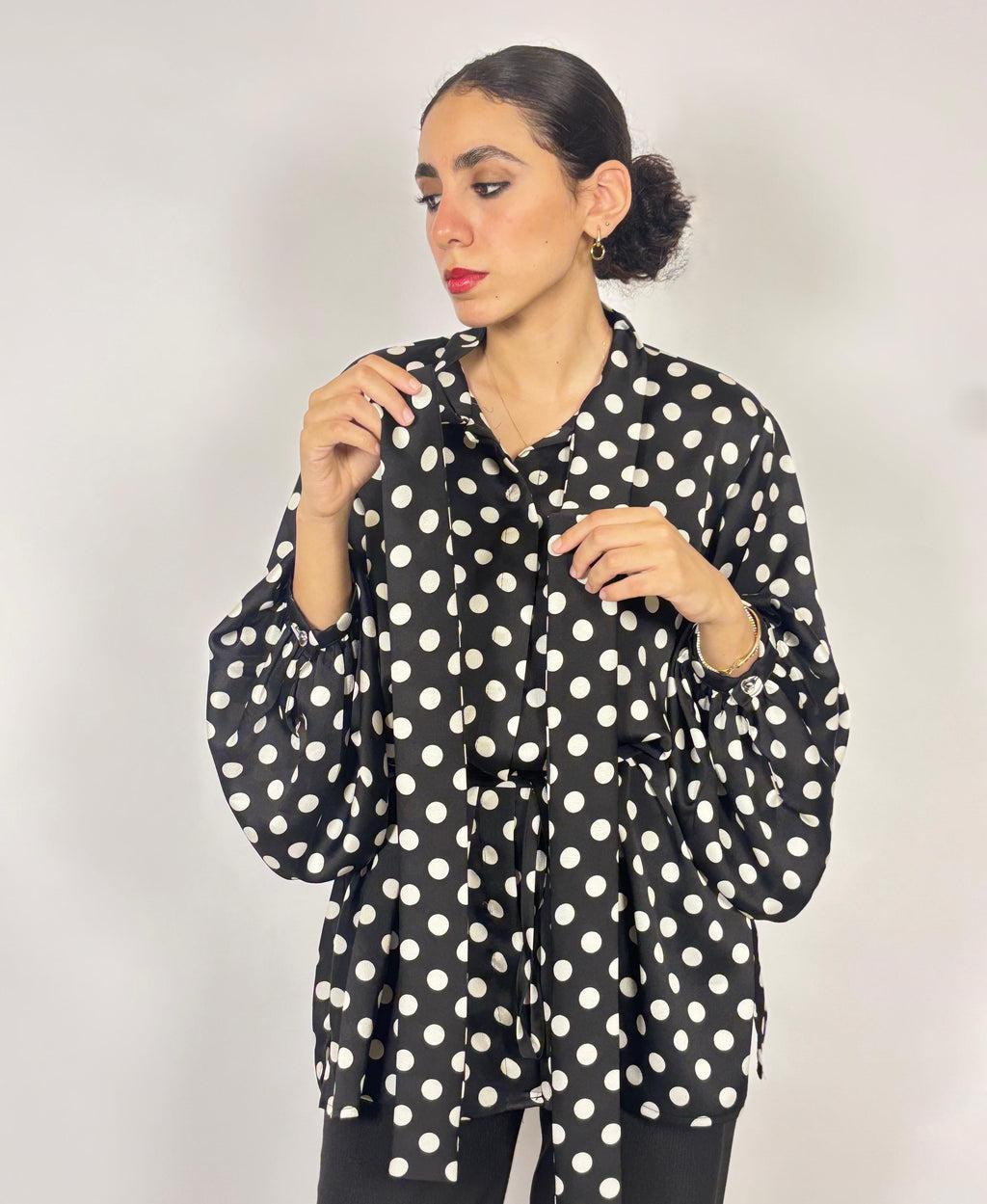 Midnight Dot Tie-Neck Blouse
