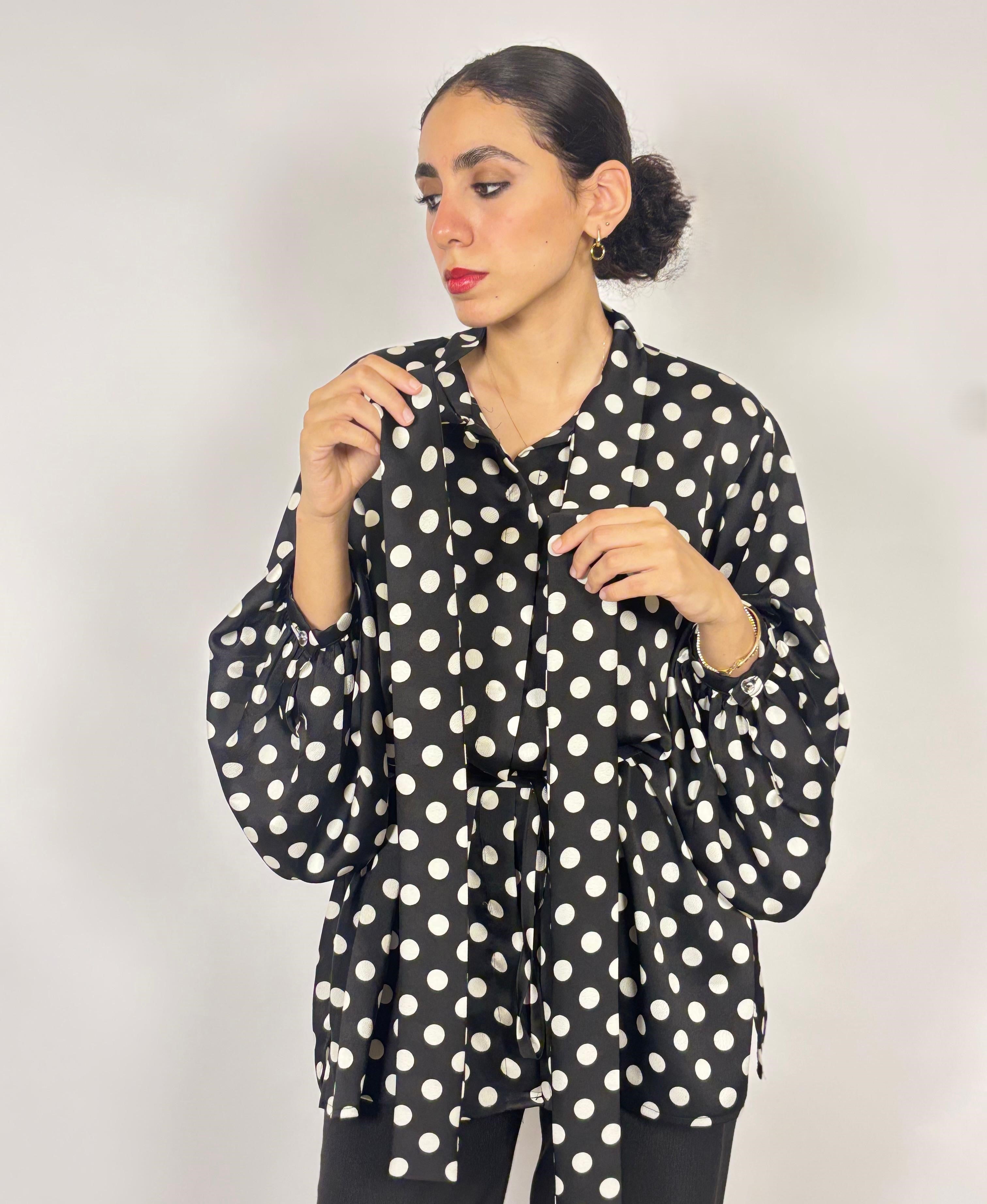 Midnight Dot Tie-Neck Blouse