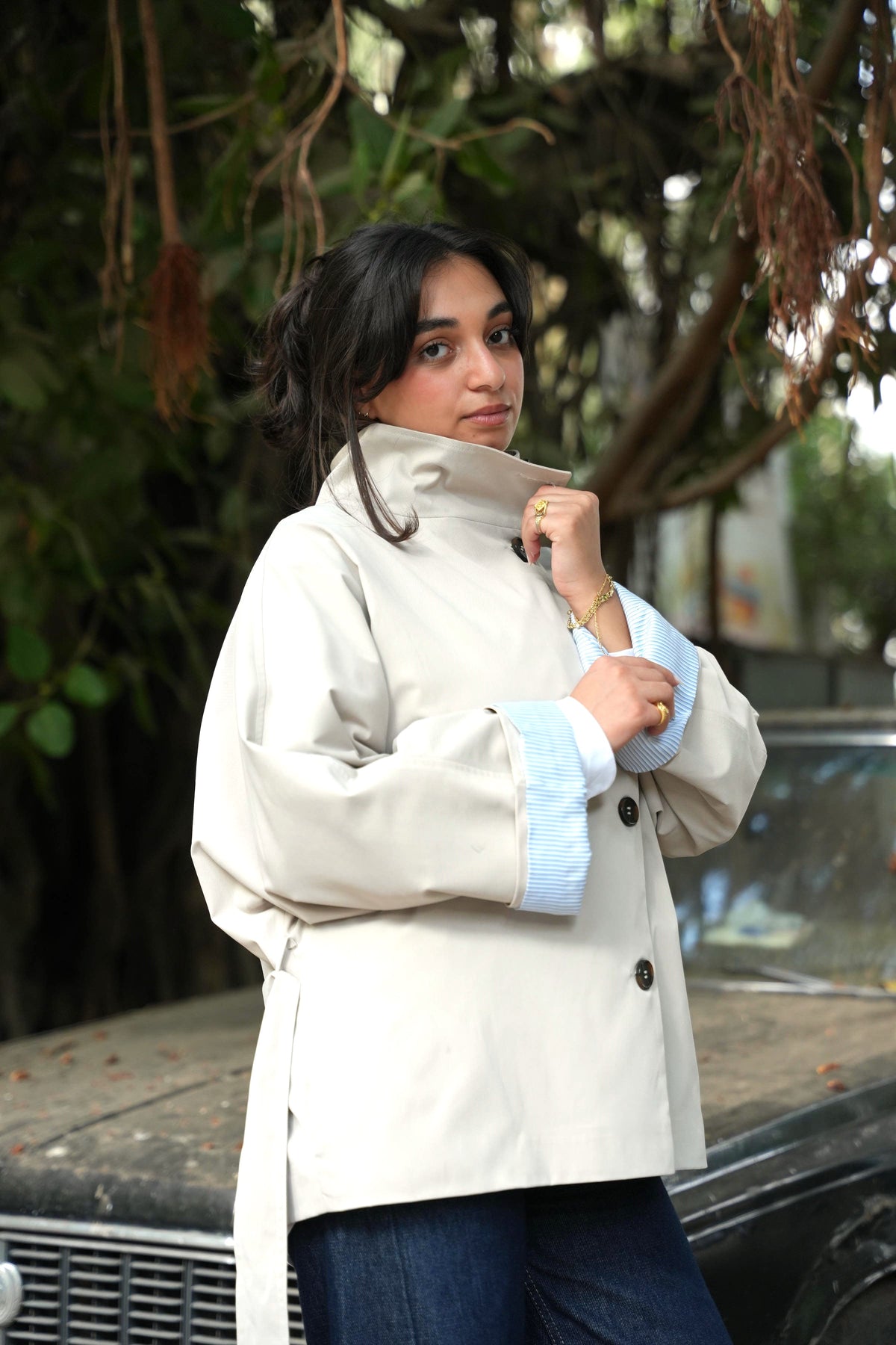 High-Collar Belted Trench Jacket