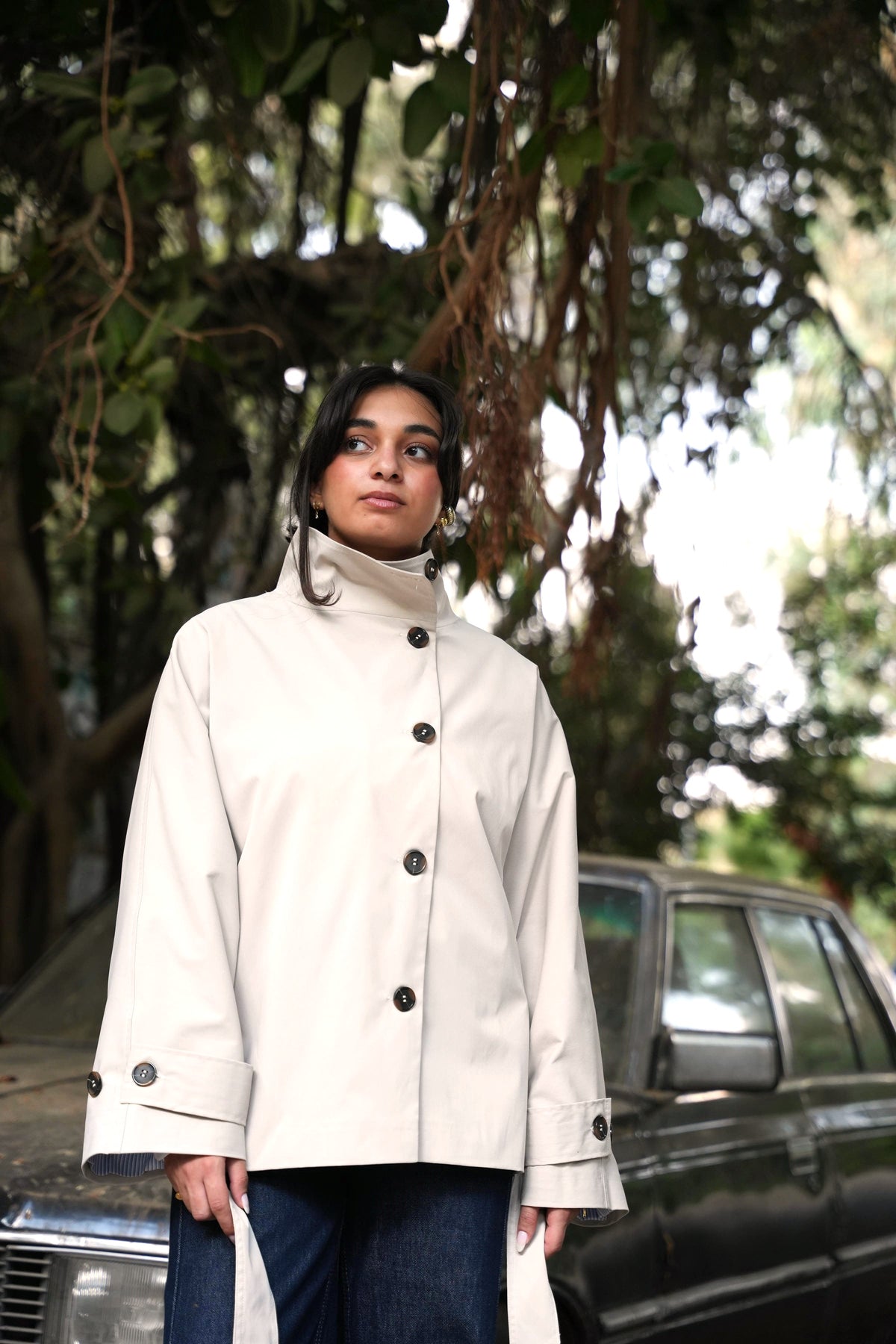High-Collar Belted Trench Jacket