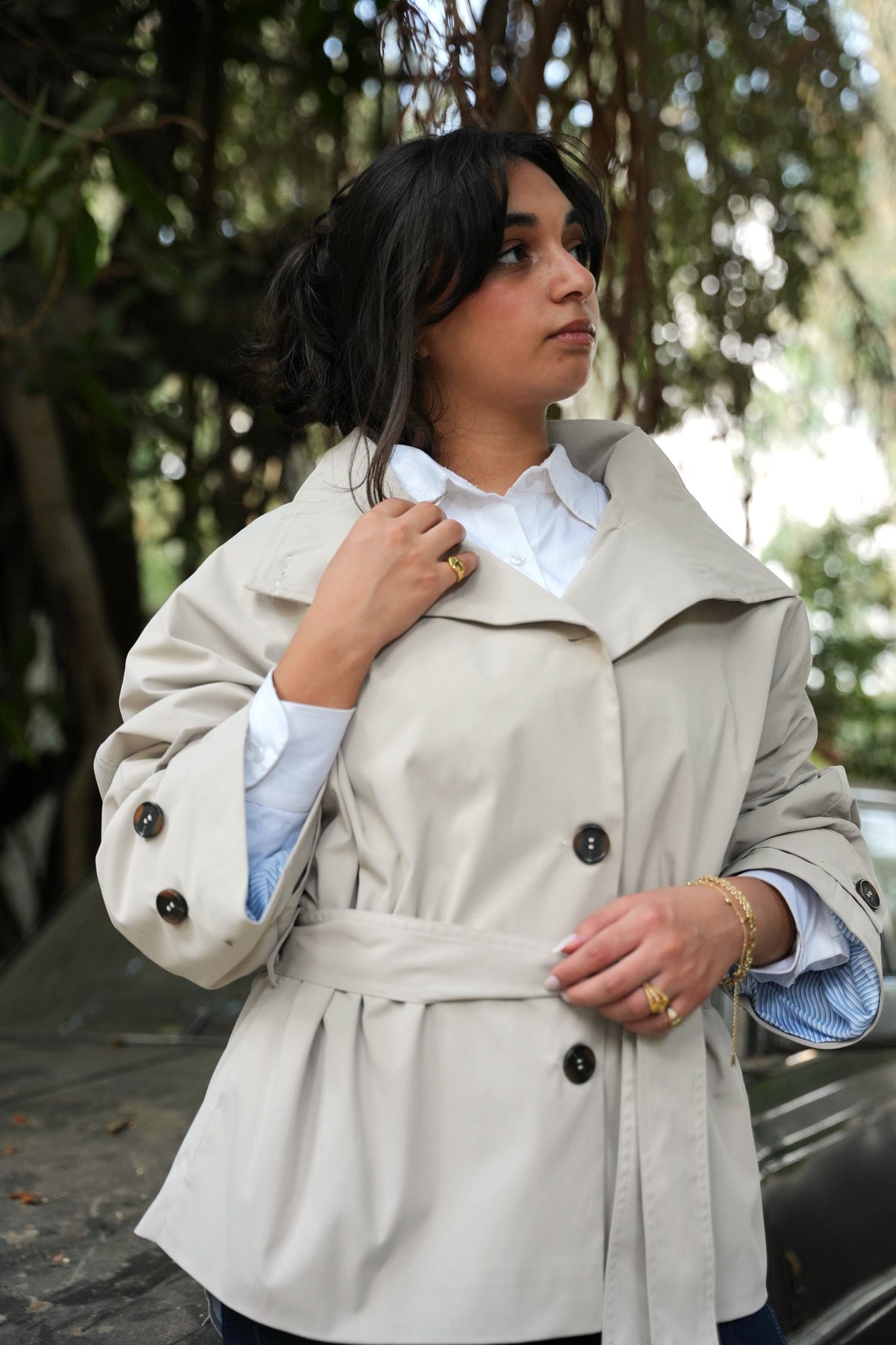 High-Collar Belted Trench Jacket