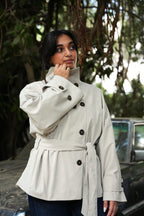 High-Collar Belted Trench Jacket