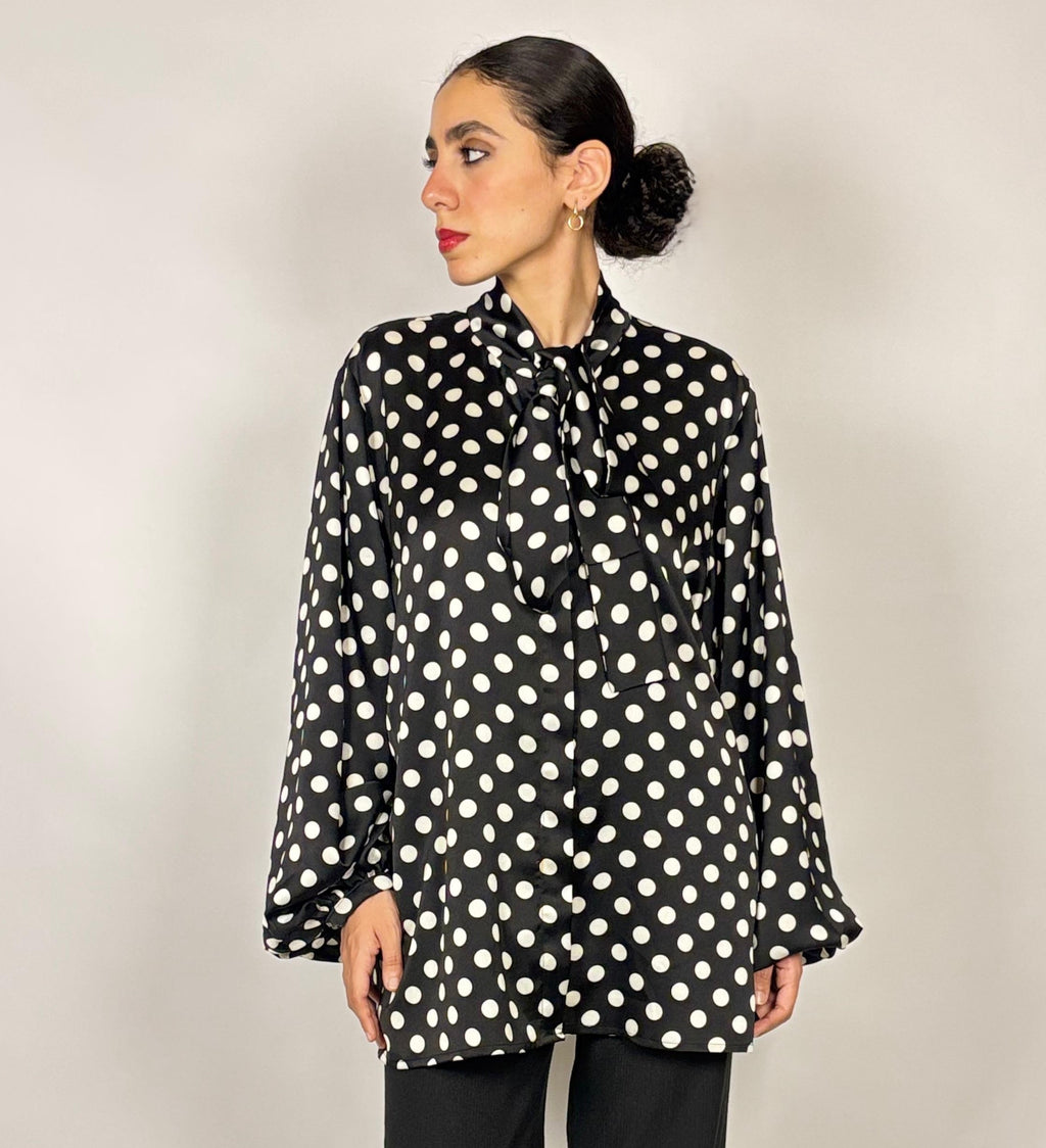 Midnight Dot Tie-Neck Blouse