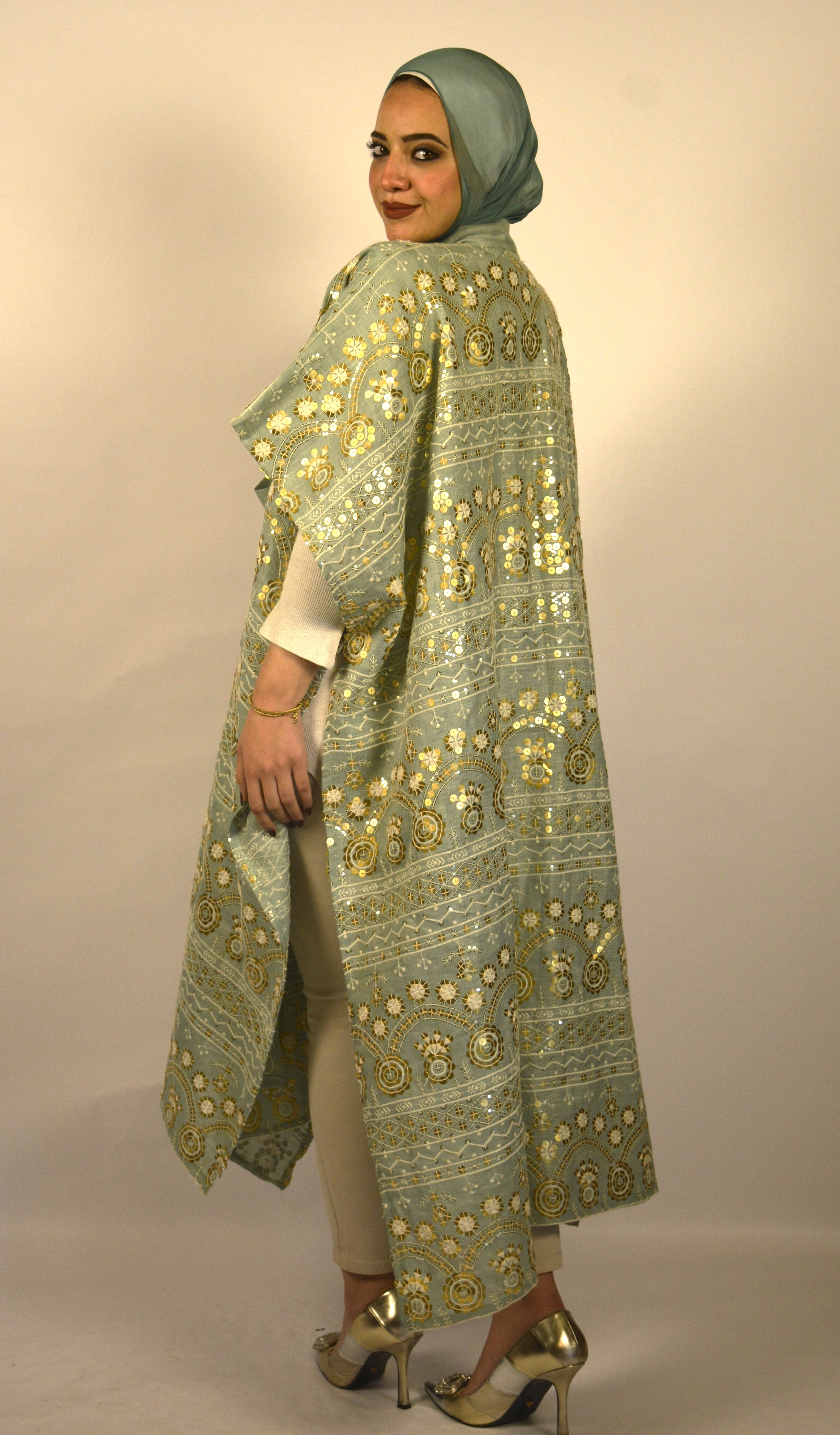 Linen & Sequin Embroidered Mint Kaftan