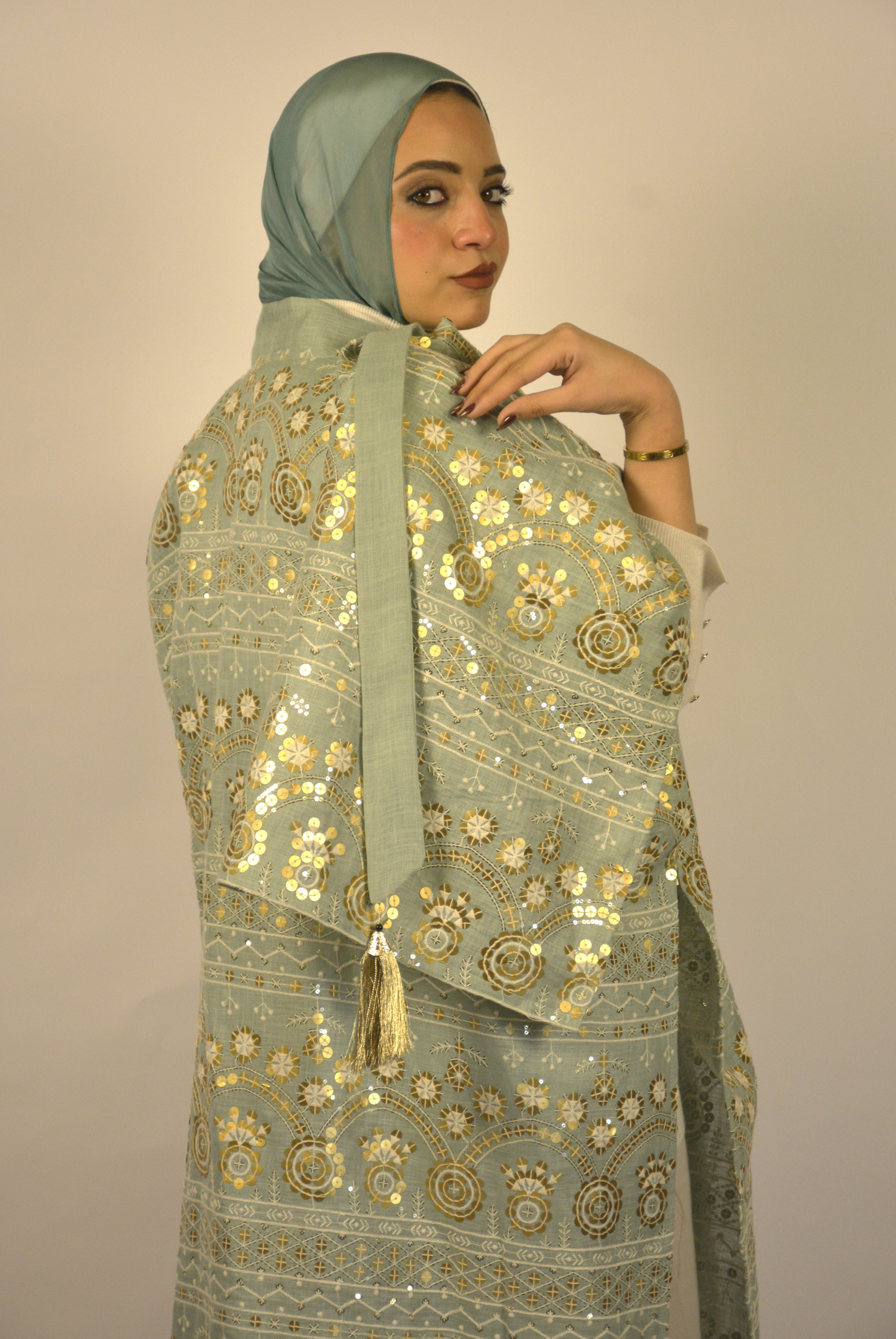 Linen & Sequin Embroidered Mint Kaftan