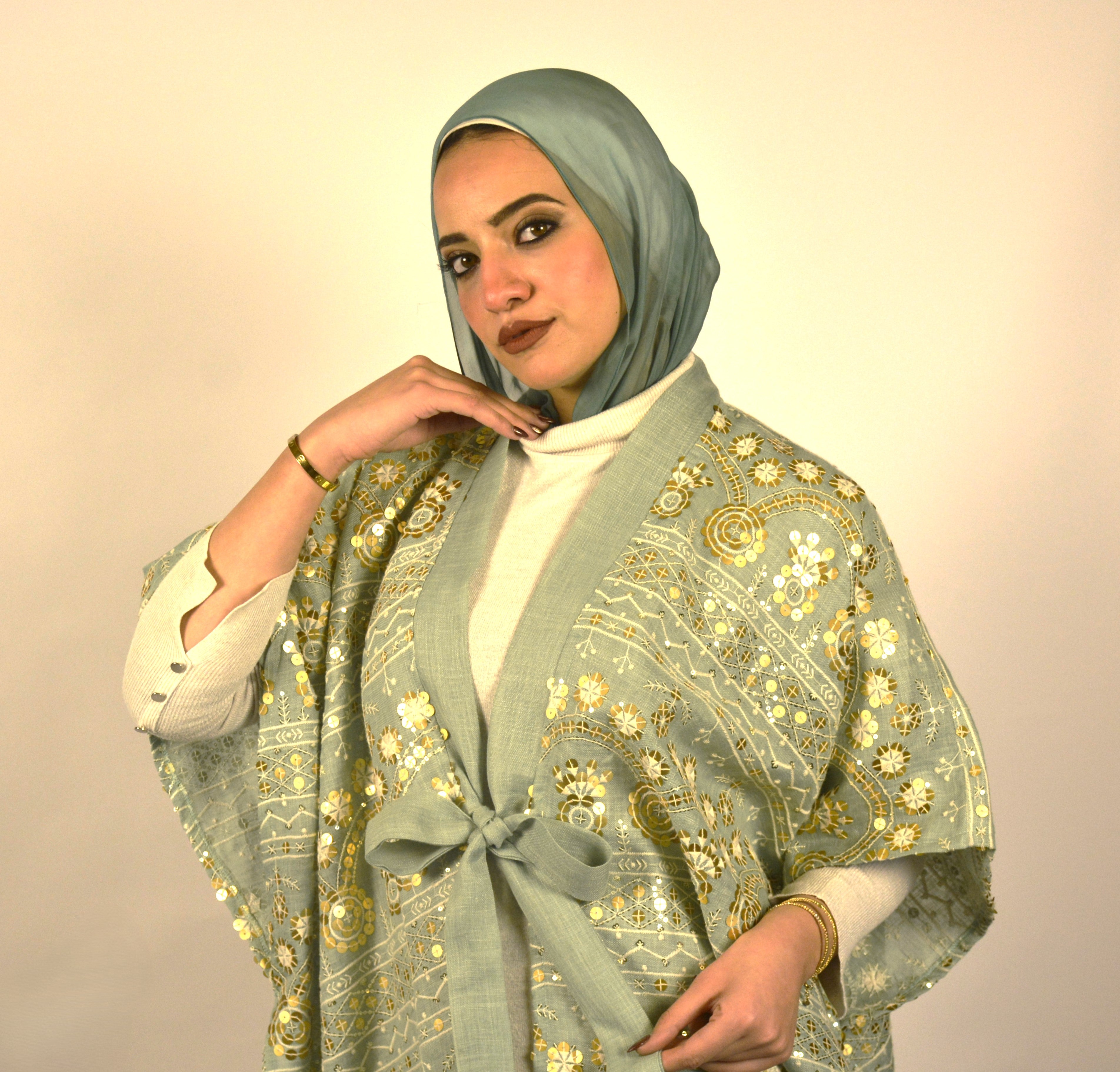 Linen & Sequin Embroidered Mint Kaftan