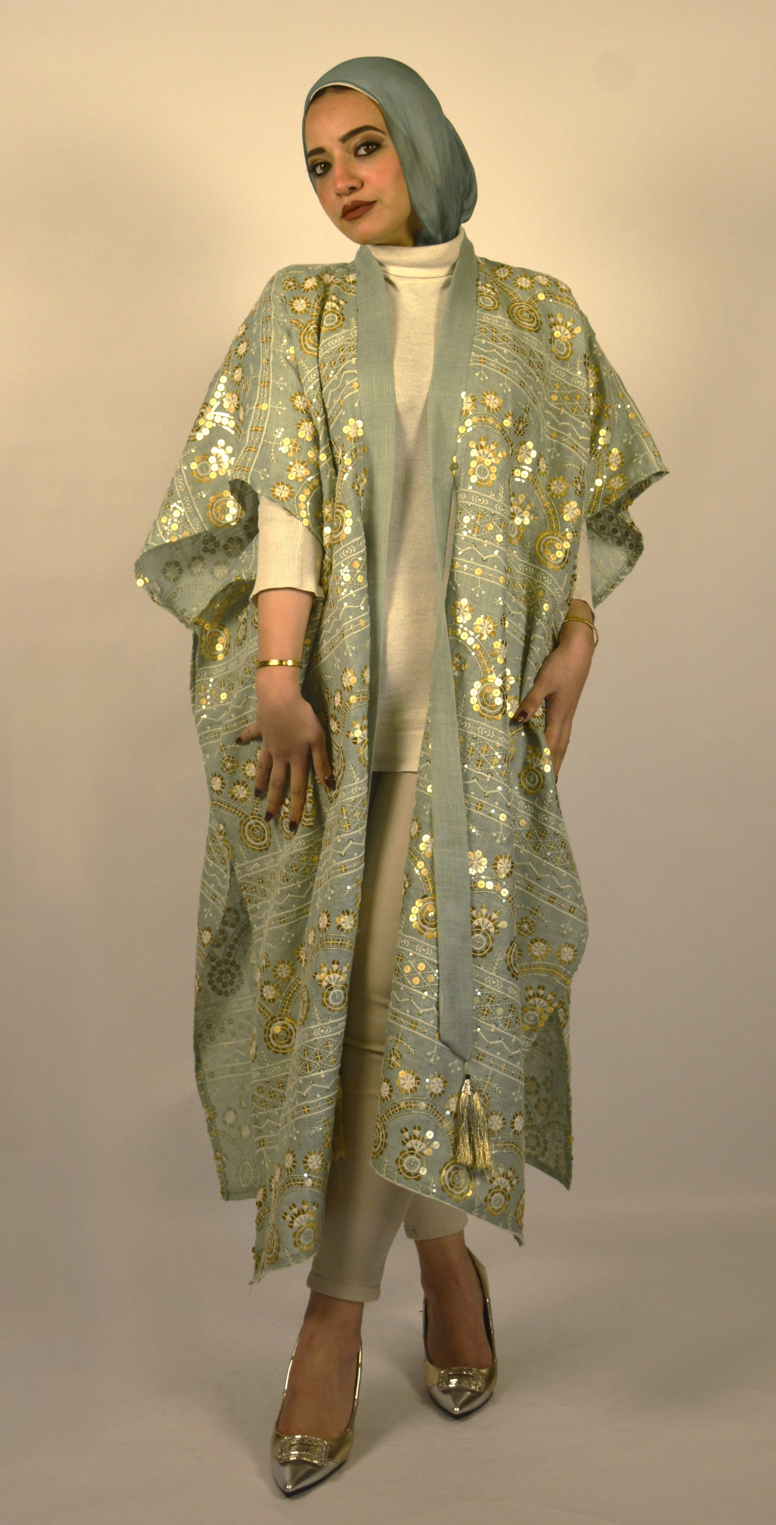 Linen & Sequin Embroidered Mint Kaftan