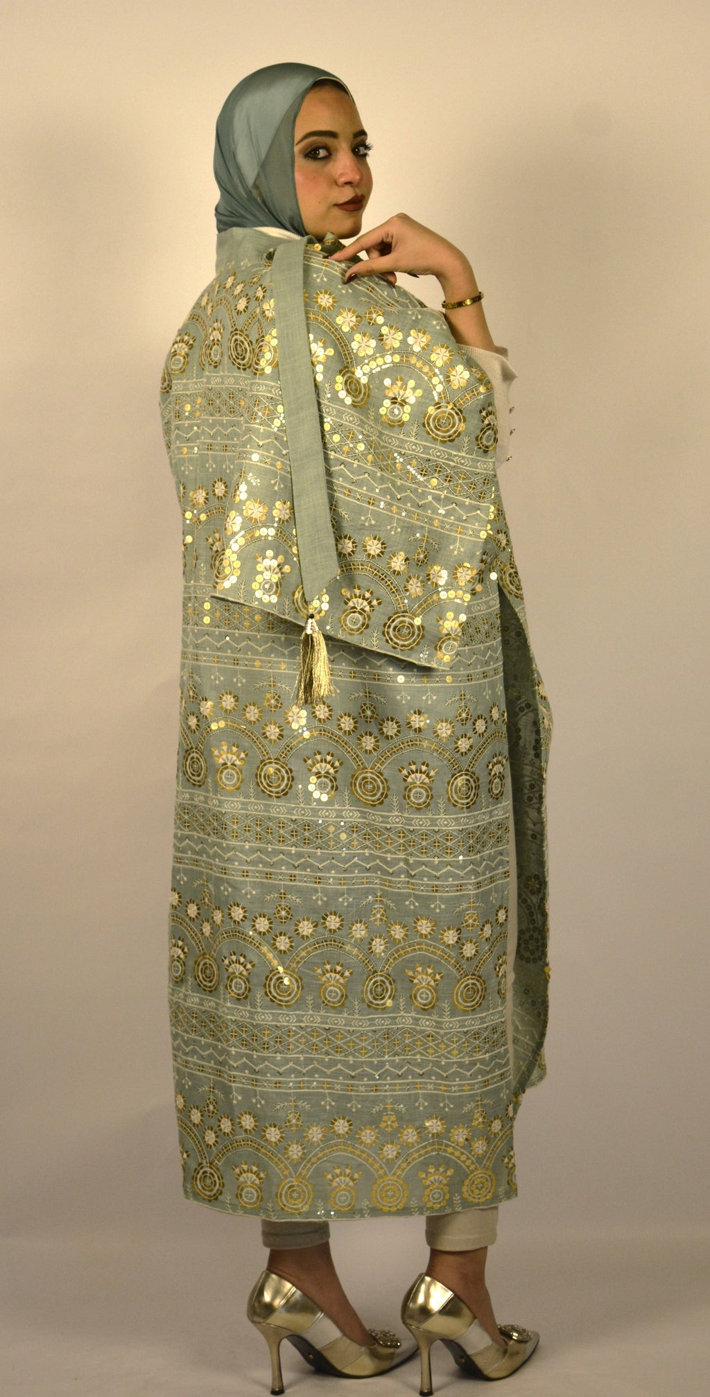 Linen & Sequin Embroidered Mint Kaftan