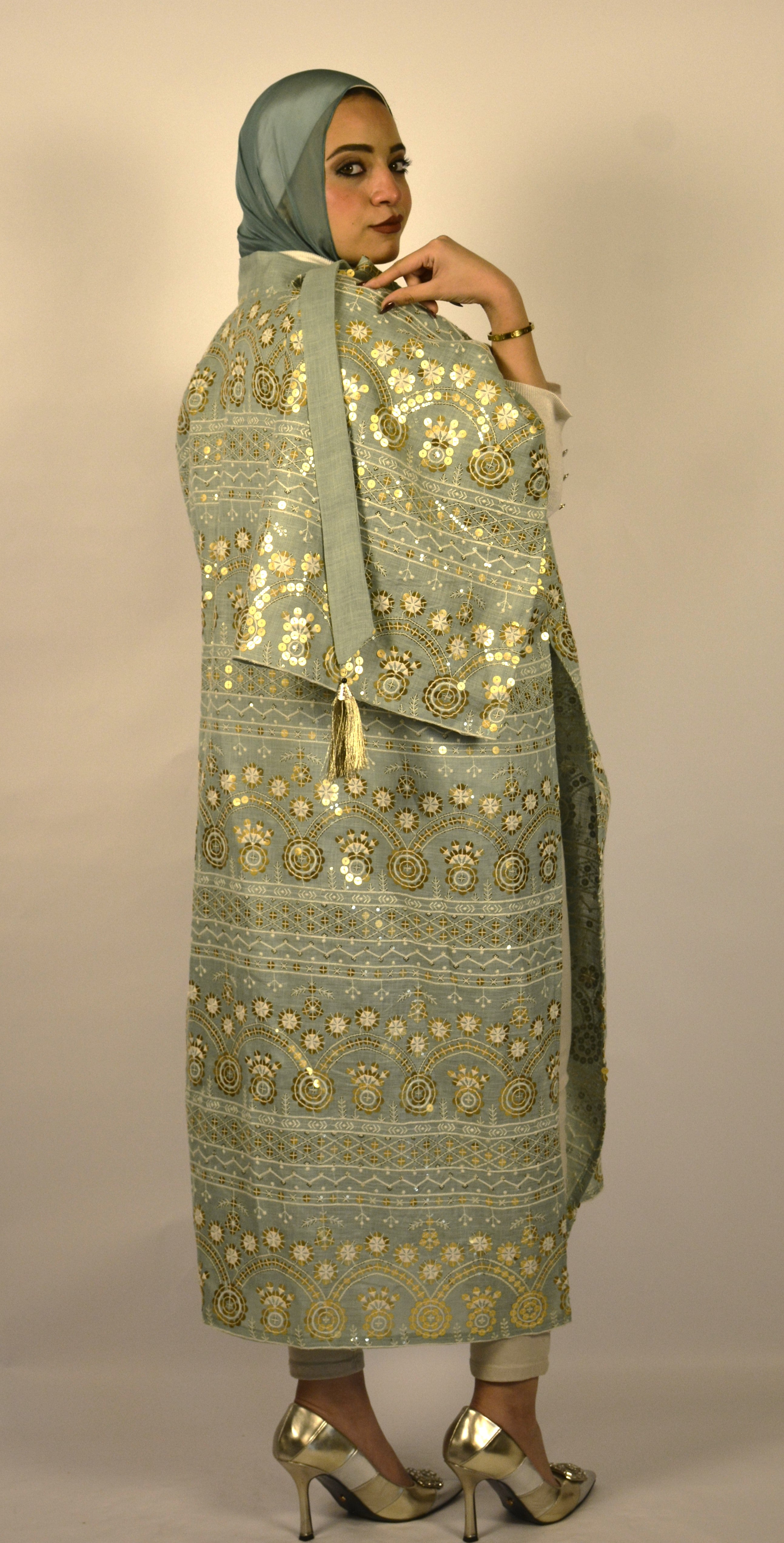Linen & Sequin Embroidered Mint Kaftan