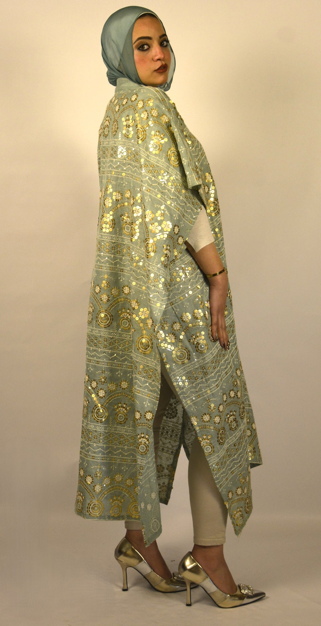 Linen & Sequin Embroidered Mint Kaftan