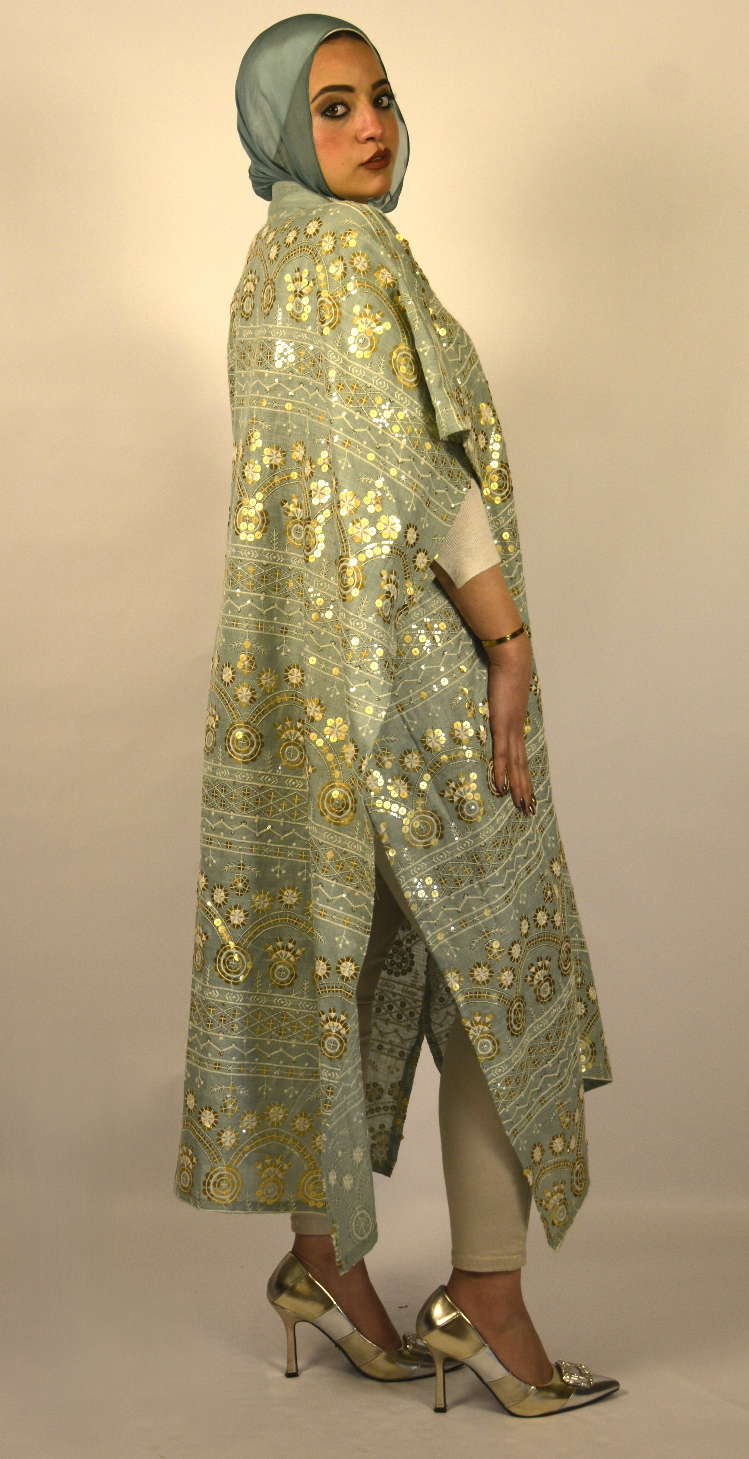 Linen & Sequin Embroidered Mint Kaftan