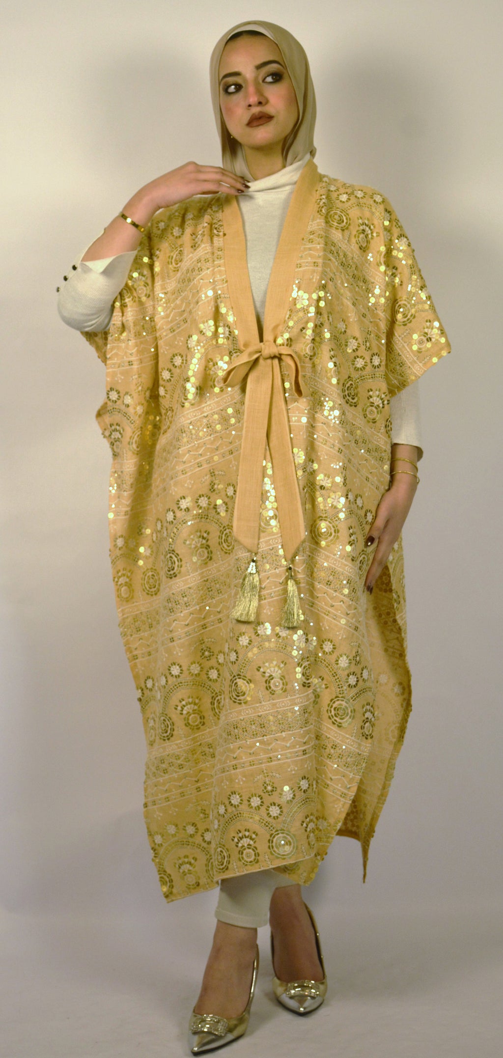 Linen & Sequin Embroidered Simon Kaftan