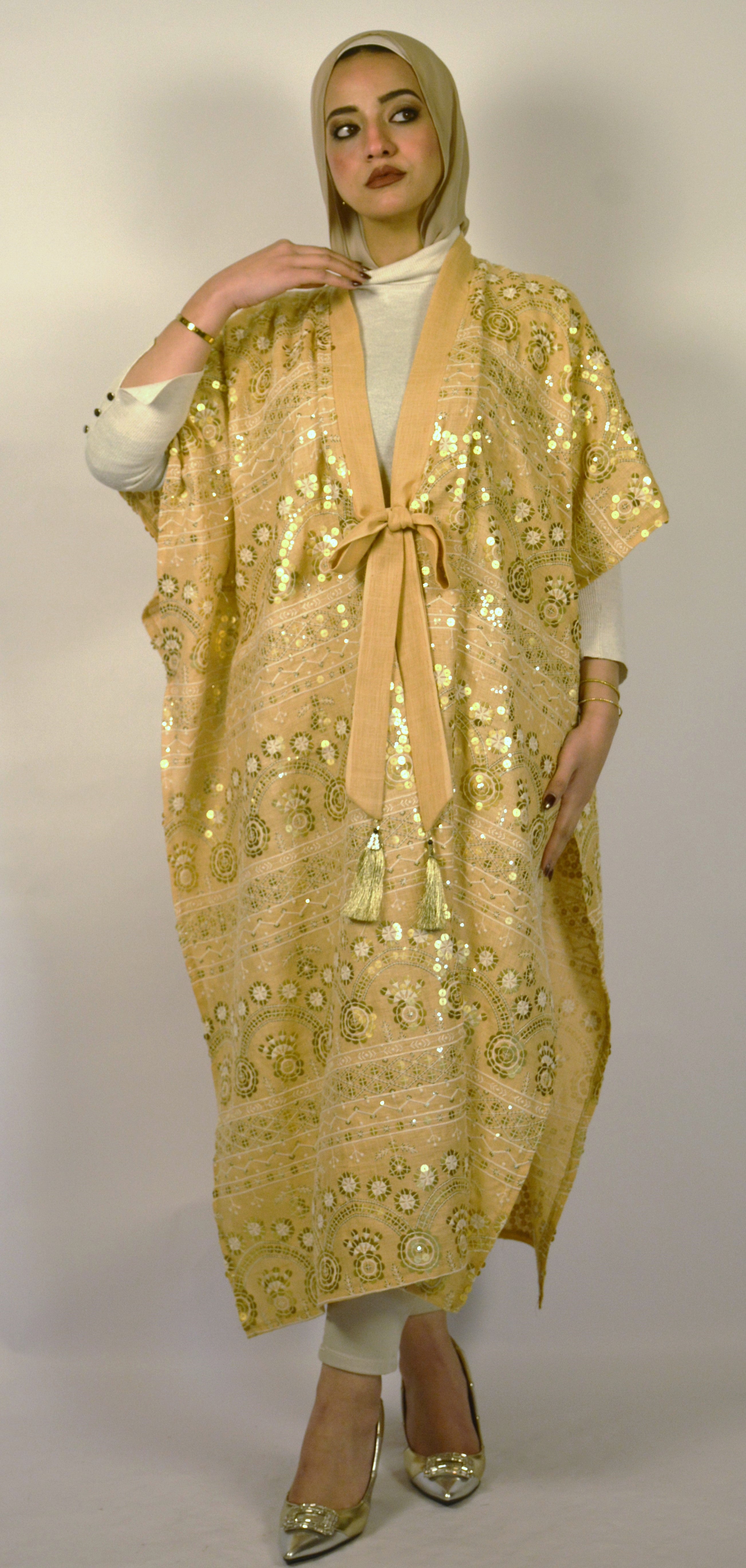 Linen & Sequin Embroidered Simon Kaftan