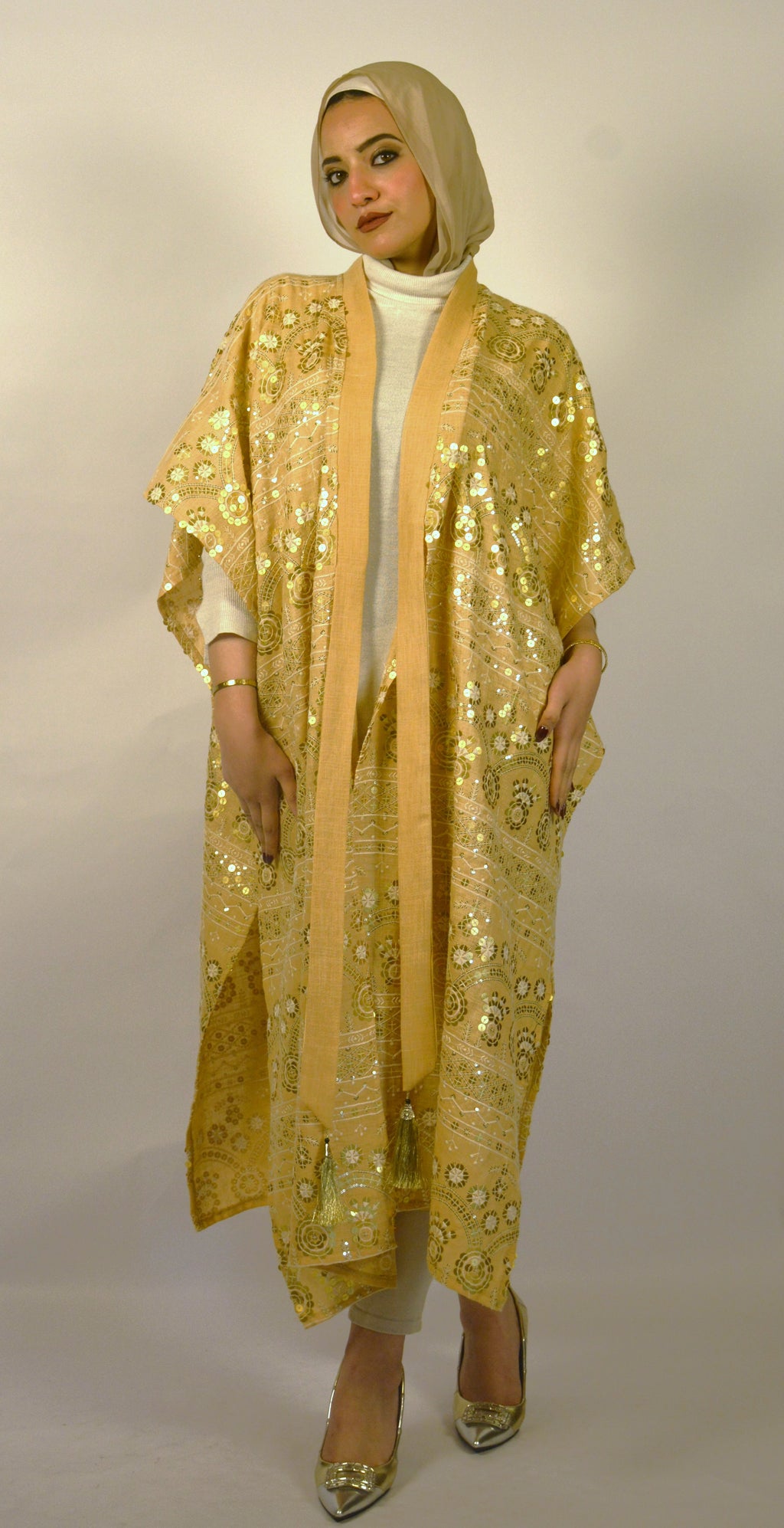 Linen & Sequin Embroidered Simon Kaftan
