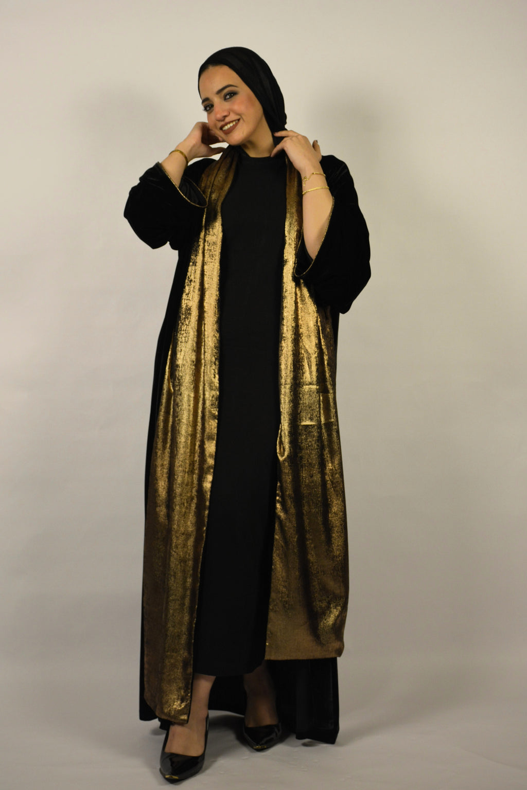 Velvet Black Kaftan w' Bronze Shawl