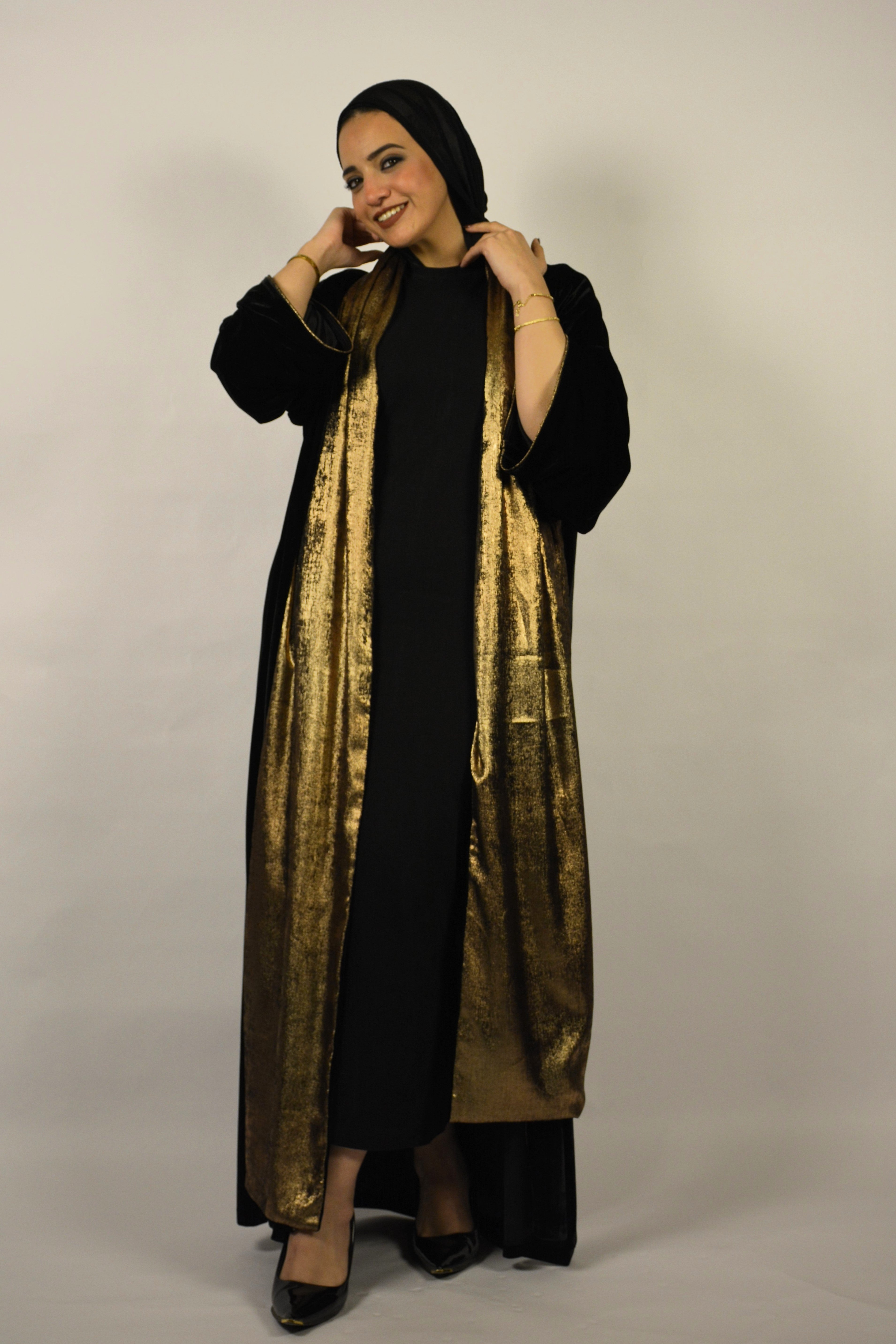 Velvet Black Kaftan w' Bronze Shawl