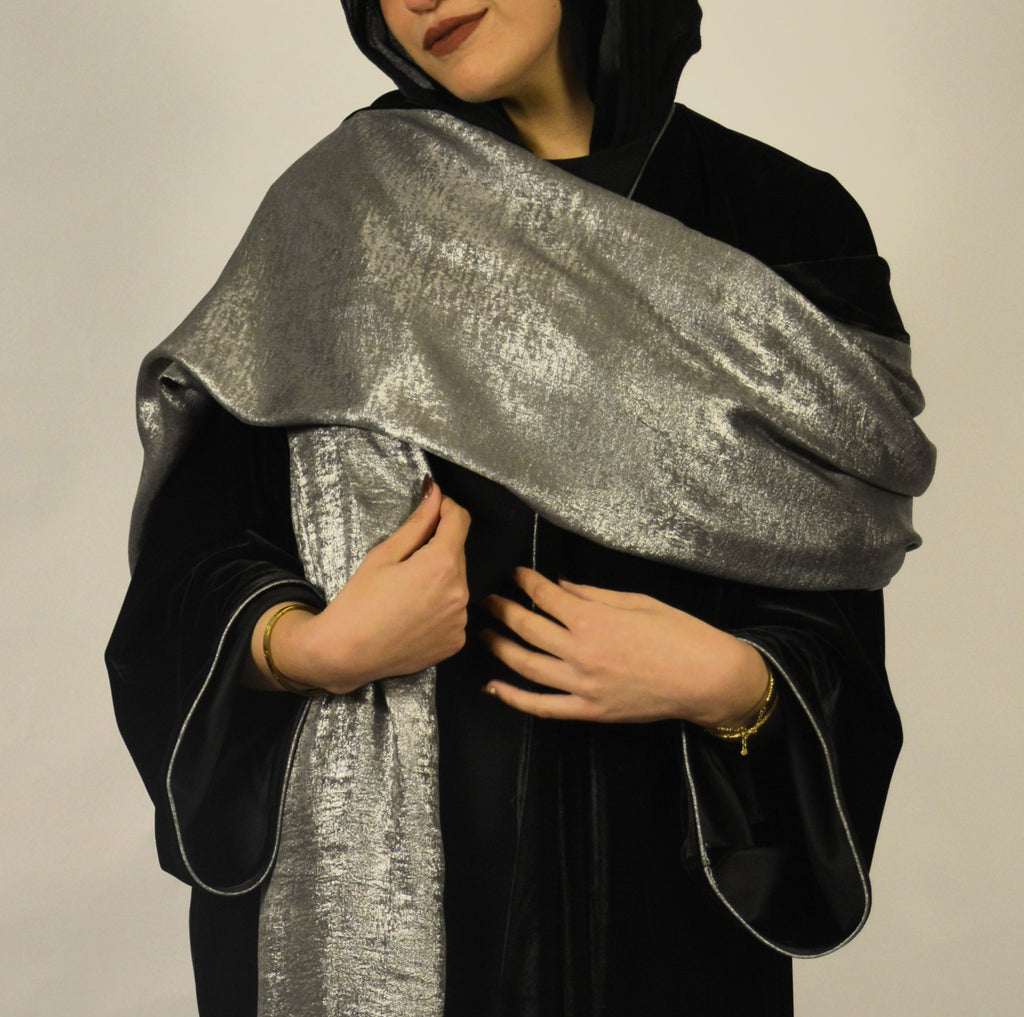 Velvet Black Kaftan w' Silver Shawl
