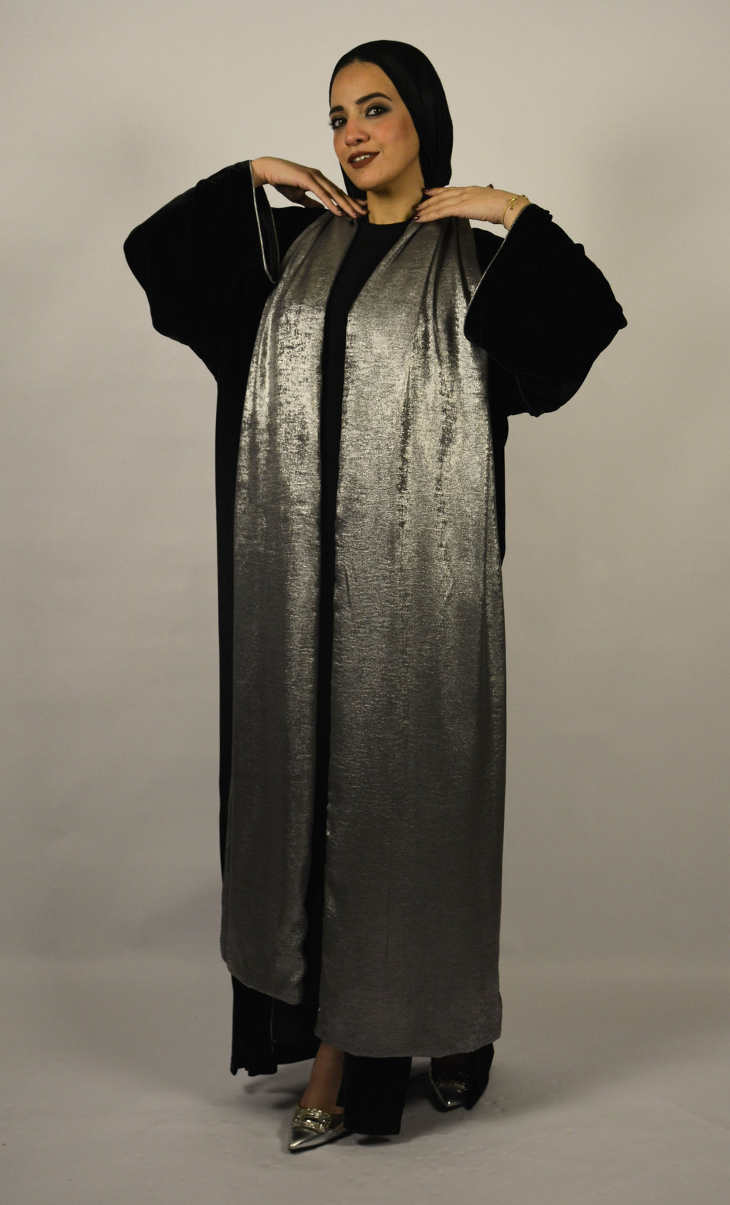 Velvet Black Kaftan w' Silver Shawl