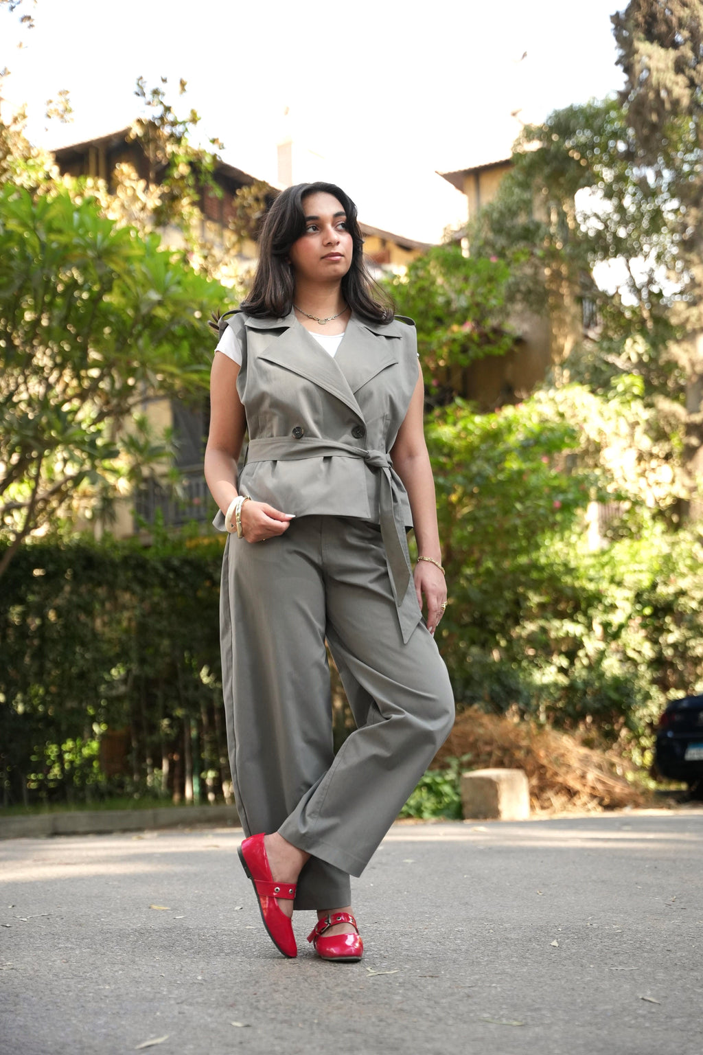 Olive Belted Trench Vest